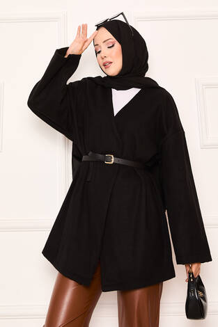 Kaşe Kumaş Zarif Oversize Kap Siyah - Thumbnail