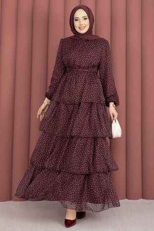 Kat Kat Beli Kuşaklı Puantiyeli Elbise Bordo - Thumbnail