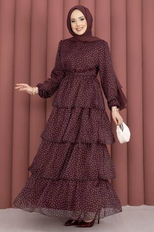 Kat Kat Beli Kuşaklı Puantiyeli Elbise Bordo - Thumbnail