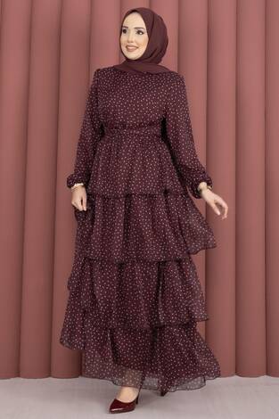 Kat Kat Beli Kuşaklı Puantiyeli Elbise Bordo - Thumbnail