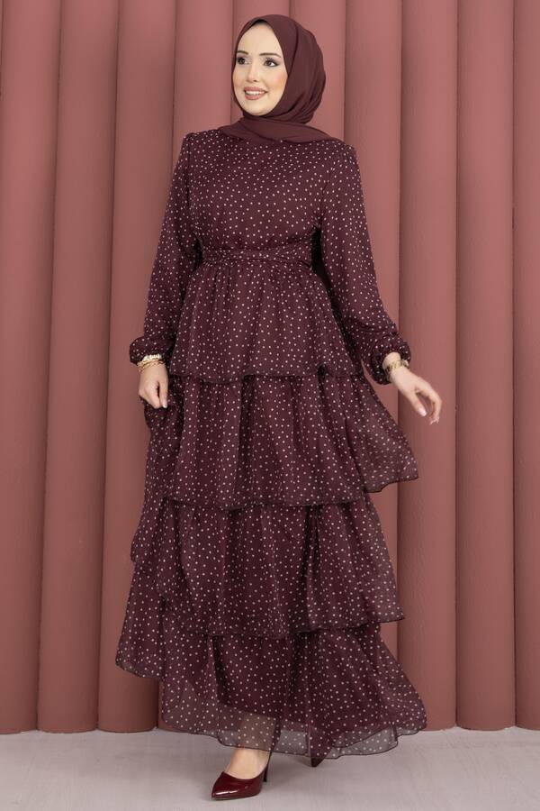 Mus - Kat Kat Beli Kuşaklı Puantiyeli Elbise Bordo