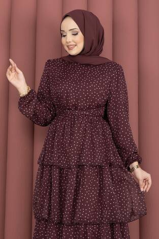 Kat Kat Beli Kuşaklı Puantiyeli Elbise Bordo - Thumbnail
