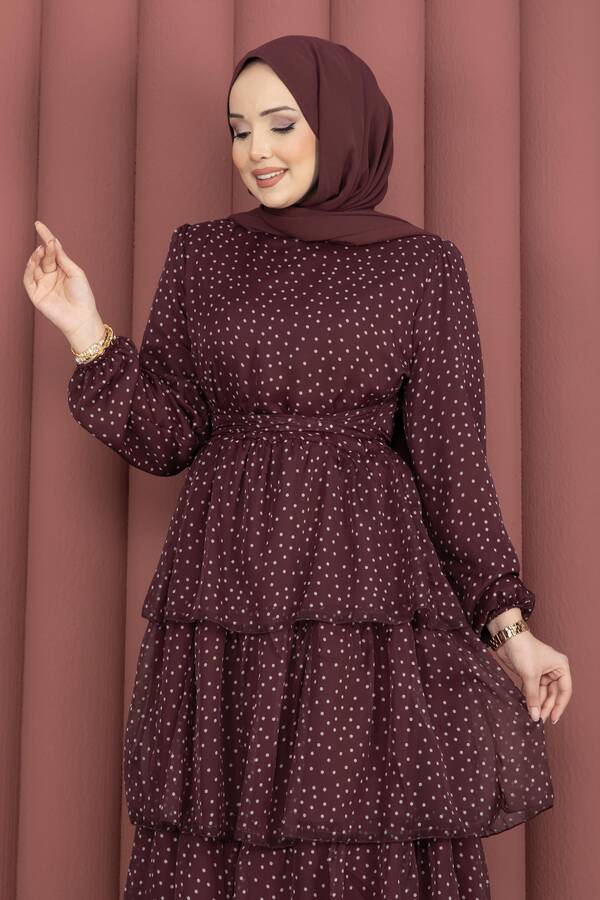 Mus - Kat Kat Beli Kuşaklı Puantiyeli Elbise Bordo (1)