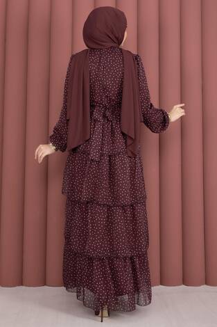 Kat Kat Beli Kuşaklı Puantiyeli Elbise Bordo - Thumbnail