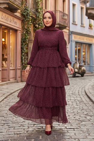 Kat Kat Beli Kuşaklı Puantiyeli Elbise Bordo