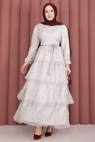 Kat Kat Beli Kuşaklı Puantiyeli Elbise Ekru - Thumbnail