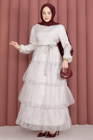 Kat Kat Beli Kuşaklı Puantiyeli Elbise Ekru - Thumbnail