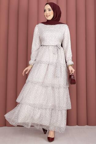Kat Kat Beli Kuşaklı Puantiyeli Elbise Ekru - Thumbnail