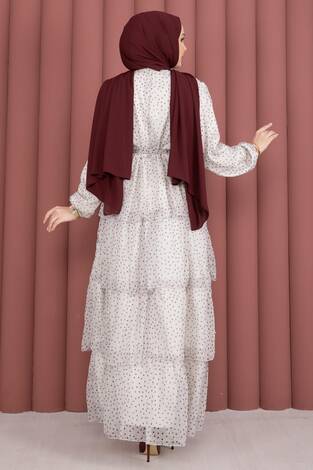 Kat Kat Beli Kuşaklı Puantiyeli Elbise Ekru - Thumbnail