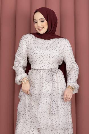 Kat Kat Beli Kuşaklı Puantiyeli Elbise Ekru - Thumbnail