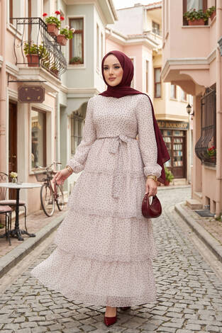 Kat Kat Beli Kuşaklı Puantiyeli Elbise Ekru - Thumbnail