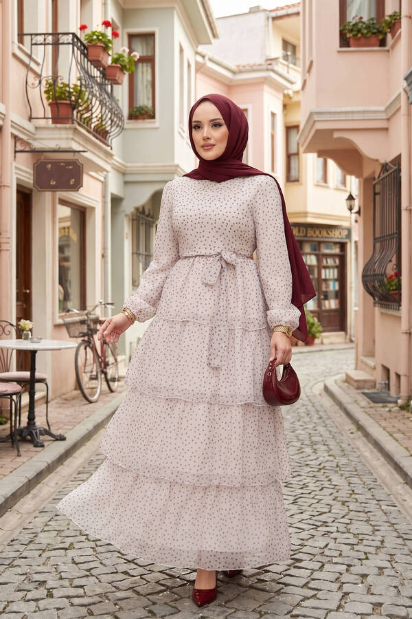 Mus - Kat Kat Beli Kuşaklı Puantiyeli Elbise Ekru