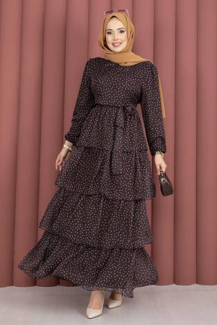 Kat Kat Beli Kuşaklı Puantiyeli Elbise Kahve - Thumbnail