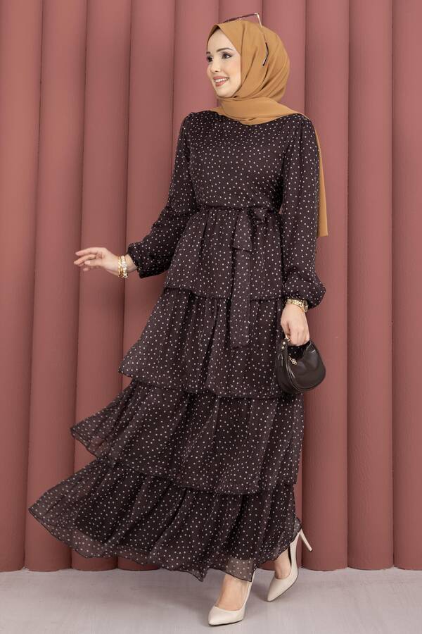 Mus - Kat Kat Beli Kuşaklı Puantiyeli Elbise Kahve (1)