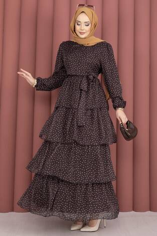 Kat Kat Beli Kuşaklı Puantiyeli Elbise Kahve - Thumbnail