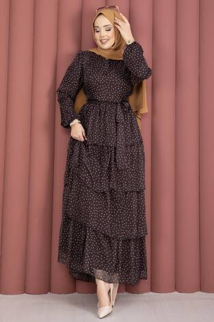 Kat Kat Beli Kuşaklı Puantiyeli Elbise Kahve - Thumbnail