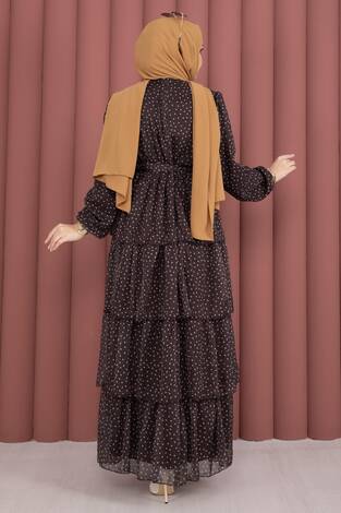 Kat Kat Beli Kuşaklı Puantiyeli Elbise Kahve - Thumbnail