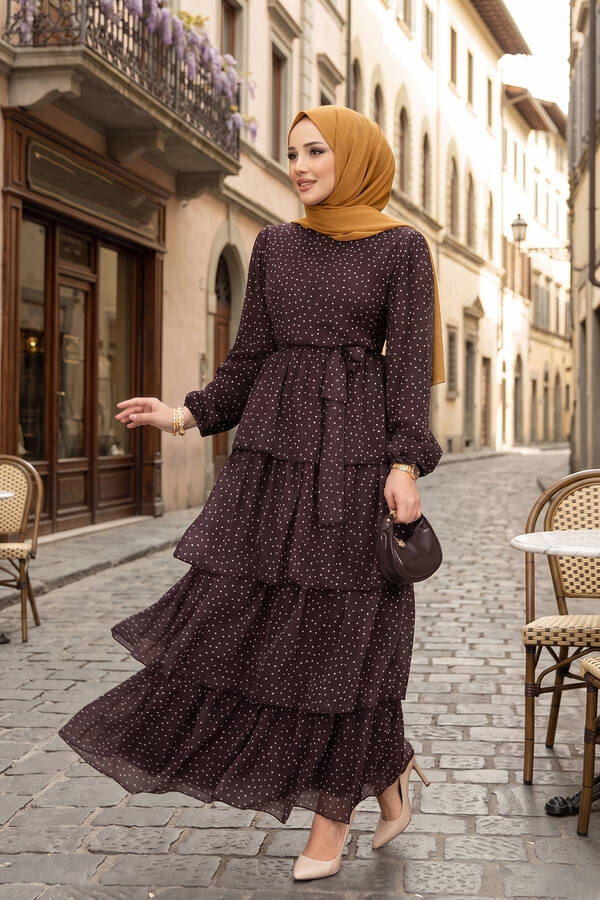 Mus - Kat Kat Beli Kuşaklı Puantiyeli Elbise Kahve