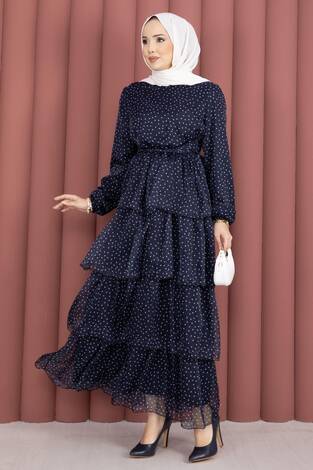 Kat Kat Beli Kuşaklı Puantiyeli Elbise Lacivert - Thumbnail