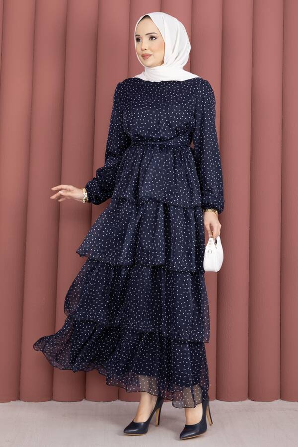 Mus - Kat Kat Beli Kuşaklı Puantiyeli Elbise Lacivert