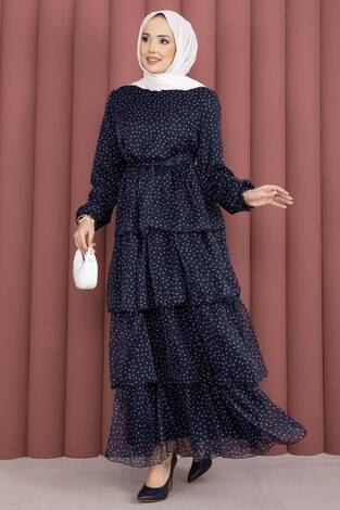 Kat Kat Beli Kuşaklı Puantiyeli Elbise Lacivert - Thumbnail