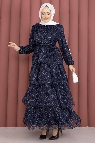 Kat Kat Beli Kuşaklı Puantiyeli Elbise Lacivert - Thumbnail