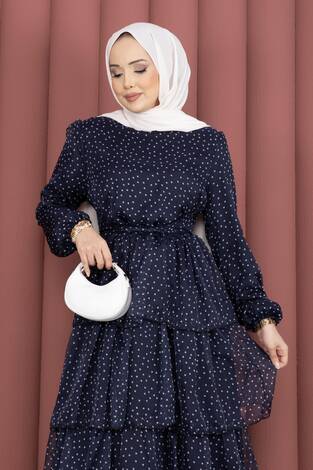 Kat Kat Beli Kuşaklı Puantiyeli Elbise Lacivert - Thumbnail