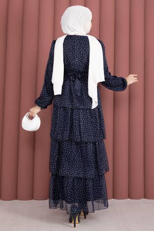 Kat Kat Beli Kuşaklı Puantiyeli Elbise Lacivert - Thumbnail