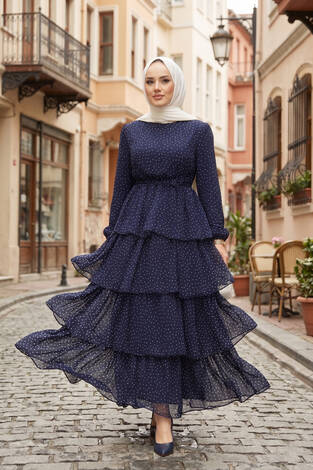 Kat Kat Beli Kuşaklı Puantiyeli Elbise Lacivert