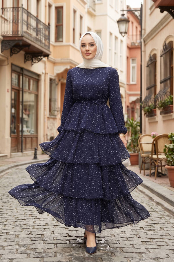 Mus - Kat Kat Beli Kuşaklı Puantiyeli Elbise Lacivert