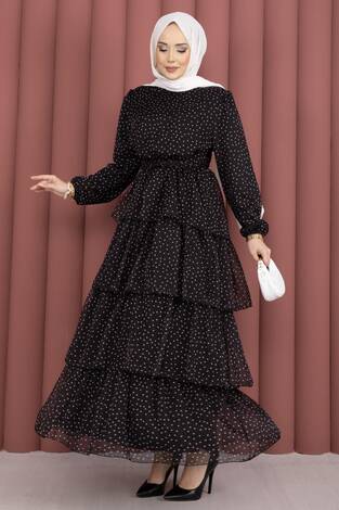Kat Kat Beli Kuşaklı Puantiyeli Elbise Siyah - Thumbnail