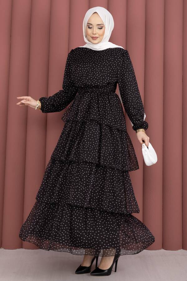 Mus - Kat Kat Beli Kuşaklı Puantiyeli Elbise Siyah