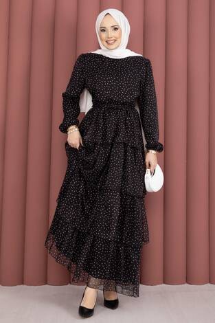 Kat Kat Beli Kuşaklı Puantiyeli Elbise Siyah - Thumbnail