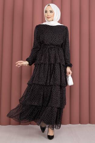 Kat Kat Beli Kuşaklı Puantiyeli Elbise Siyah - Thumbnail