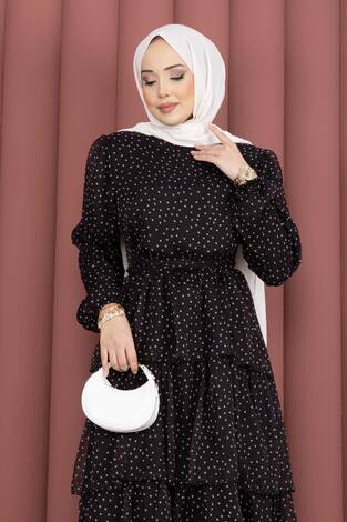 Kat Kat Beli Kuşaklı Puantiyeli Elbise Siyah - Thumbnail