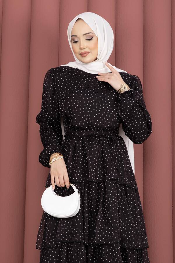Mus - Kat Kat Beli Kuşaklı Puantiyeli Elbise Siyah (1)