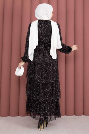 Kat Kat Beli Kuşaklı Puantiyeli Elbise Siyah - Thumbnail