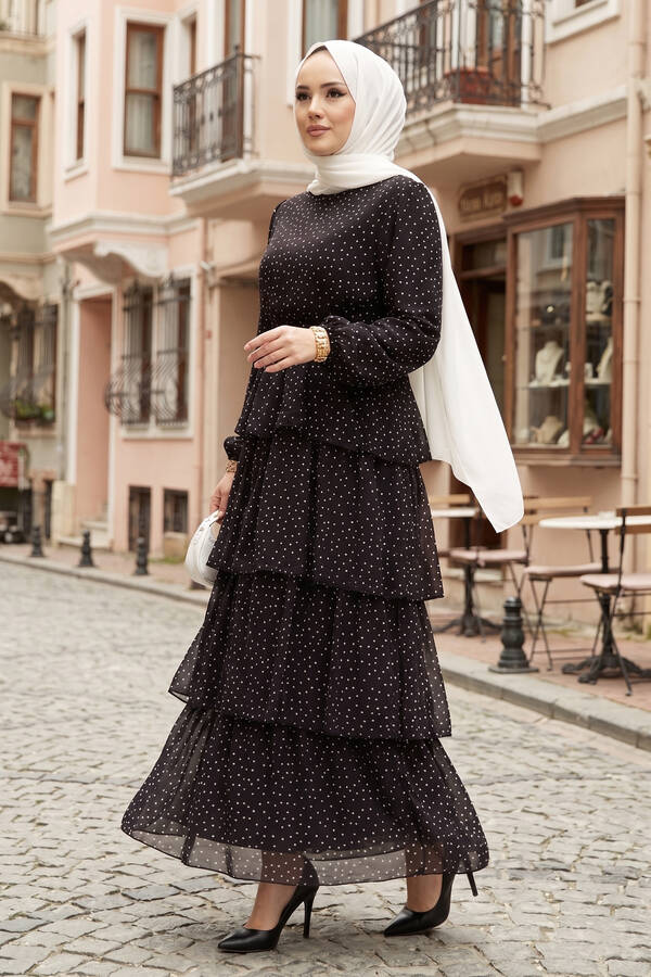 Mus - Kat Kat Beli Kuşaklı Puantiyeli Elbise Siyah