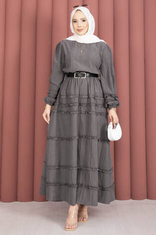 Kat Kat Fırfır Detaylı Etekli Takım Gri - Thumbnail