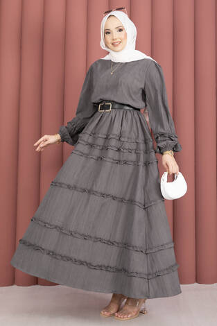 Kat Kat Fırfır Detaylı Etekli Takım Gri - Thumbnail