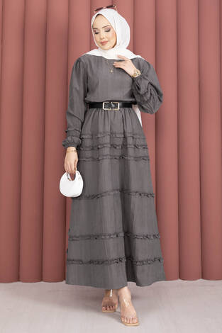 Kat Kat Fırfır Detaylı Etekli Takım Gri - Thumbnail