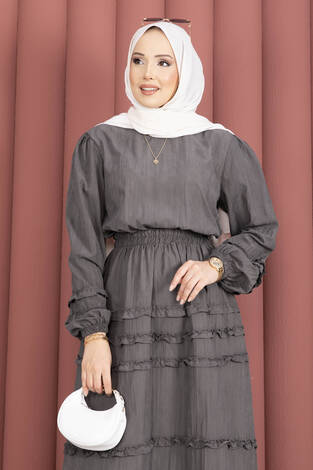 Kat Kat Fırfır Detaylı Etekli Takım Gri - Thumbnail