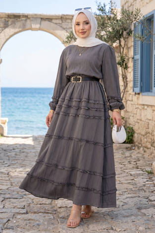 Kat Kat Fırfır Detaylı Etekli Takım Gri - Thumbnail