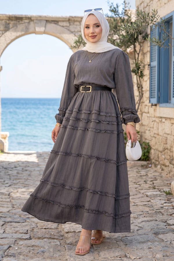 Ums - Kat Kat Fırfır Detaylı Etekli Takım Gri