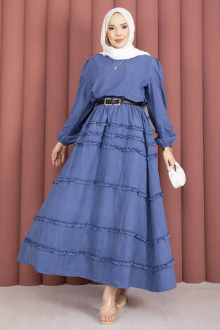 Kat Kat Fırfır Detaylı Etekli Takım İndigo - Thumbnail