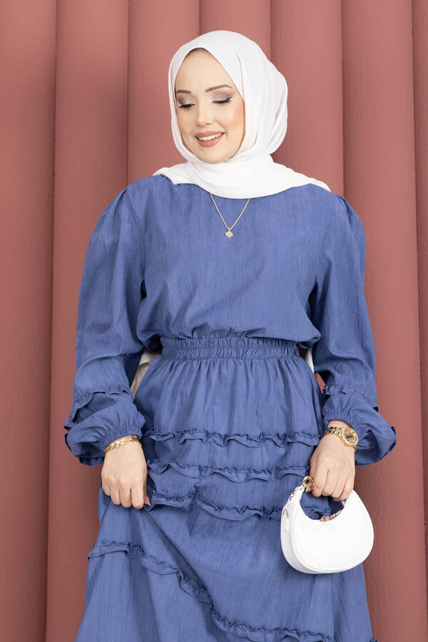 Ums - Kat Kat Fırfır Detaylı Etekli Takım İndigo (1)