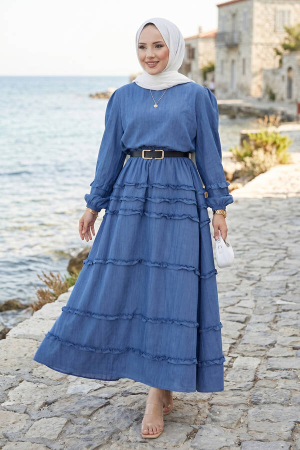 Ums - Kat Kat Fırfır Detaylı Etekli Takım İndigo