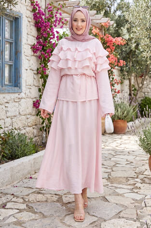 Kat Kat Fırfır Detaylı Etekli Takım Pembe