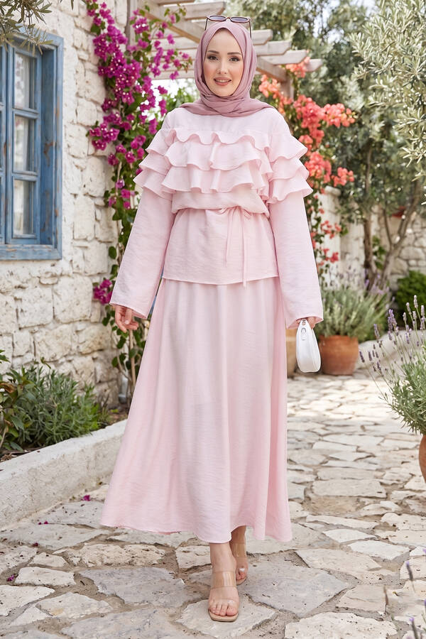 Mus - Kat Kat Fırfır Detaylı Etekli Takım Pembe