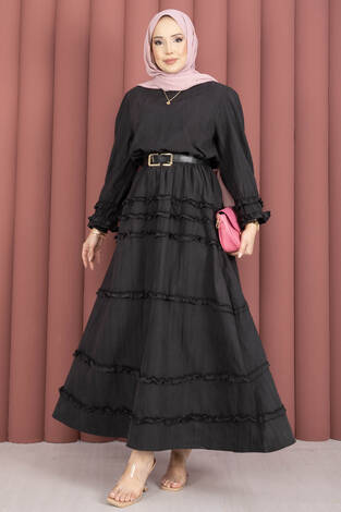 Kat Kat Fırfır Detaylı Etekli Takım Siyah - Thumbnail